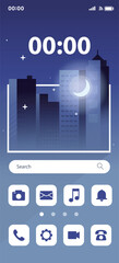 Home screen smartphone interface ui .Mobile home page layout .night city illustration.