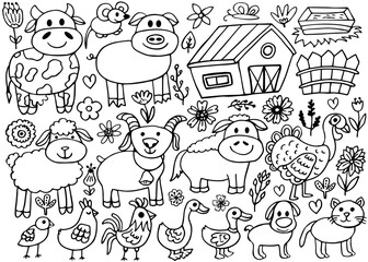 Fototapeta na wymiar Hand drawn set farm animal, horse, cow, flowers. Doodle sketch style. Agriculture life background, icon. Isolated vector illustration.