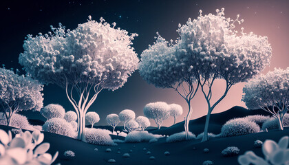 Magical dreams cape white flower trees.Generative AI.