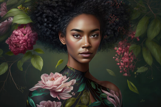 Young afro woman and flowers. Afro girl in blooming garden. Beauty portrait of African American young woman with curly black hair on a green background with red flowers. Generative ai illustration