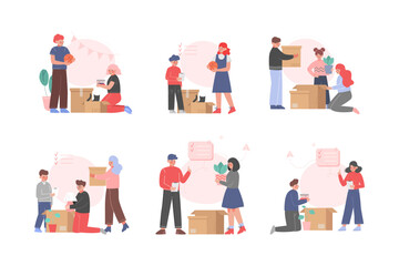 People Character Packing Cardboard Box Moving to New House Vector Set