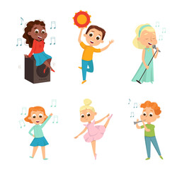 Funny Boy and Girl Playing Musical Instrument, Dancing and Singing Vector Set