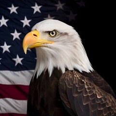 Obraz premium North American Bald Eagle on American flag created with Generative AI technology.