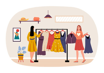 Shopping and buying concept, girl choose clothes