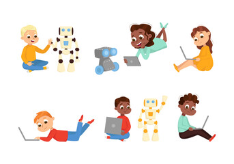 Fototapeta premium Cute Little Kid Programming and Creating Smart Robot with Laptop Vector Set