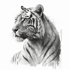 tiger draw in pencil on white and black paper,