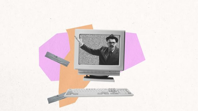 Stylish man, journalist sticking out computer monitor and making announcement. Stop motion, animation. Concept of creativity, media influence, information, news. Copy space for ad. Retro design
