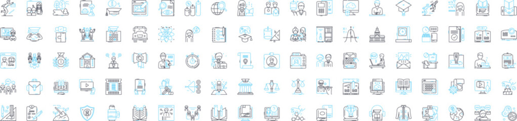 Educational elements vector line icons set. learning, instruction, knowledge, curriculum, skill, course, assessment illustration outline concept symbols and signs