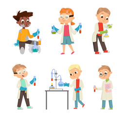 Funny Boy and Girl in Laboratory Coat Making Research with Chemicals in Glass Flask Vector Illustration Set