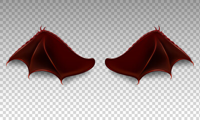 Dark red devil, dragon or bat wings isolated on transparent background. Dark angel outfit, masquerade, carnival costume. Daemon's realistic wings. Three dimensional monster or animal wings