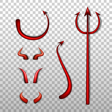 Collection of realistic 3d devil costume elements - red bloody trident, glossy horns various shape and different demon tails on transparent background. Satan decoration, Monster carnival element. 