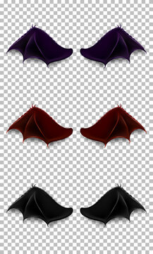Set of dark red, black and purple devil, dragon or bat wings isolated on transparent background. Dark angel outfit, masquerade, carnival costume. Daemon's realistic wings. 3d monster or animal wings