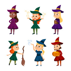 Happy Girl Witch in Dress and Pointed Hat Casting Spell Practising Witchcraft and Doing Magic Vector Set