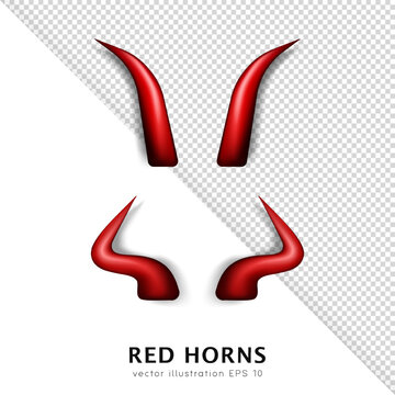 Collection of 2 realistic three dimensional devil horns. Red glossy daemon horns isolated on transparent background. Satan decoration, Monster carnival element. Vector illustration EPS 10