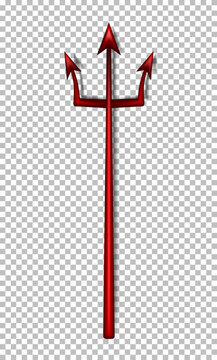 3d realistic bright red demon trident. Three dimensional bloody devil pitchfork with shadow isolated on transparent background. Satan decoration, Monster carnival element. 