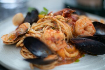Closeup of pasta with mussels