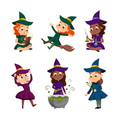 Happy Girl Witch in Dress and Pointed Hat Casting Spell Practising Witchcraft and Doing Magic Vector Set