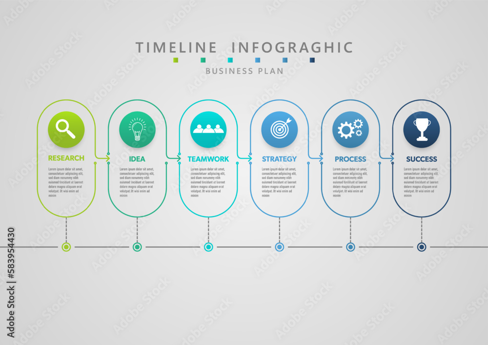Poster infographic business timeline process to success lines thin rounded rectangles with arrows circles a
