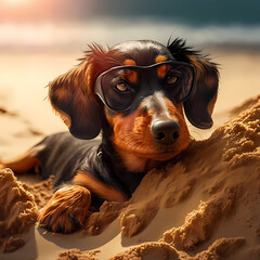 Daschund Black and Tan Holiday at Beach. Generative AI