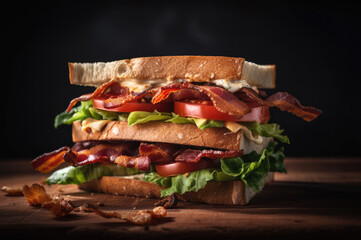 BLT sandwich on wooden board, front view. Generative AI - 583954660