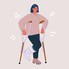 Vector illustration of Injured woman on crutches. Female patient with broken leg in plaster, physical trauma