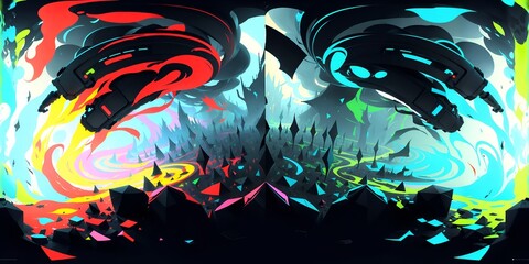 Photo of an abstract painting with vibrant shapes on a dark background