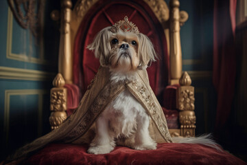 Maltese dog sitting on a throne wearing a majestic robe. Generative AI