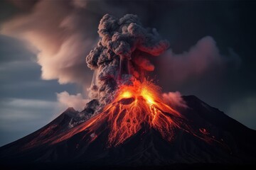 Volcanic Mountain In Eruption, smoke and lava. Generative AI Technology