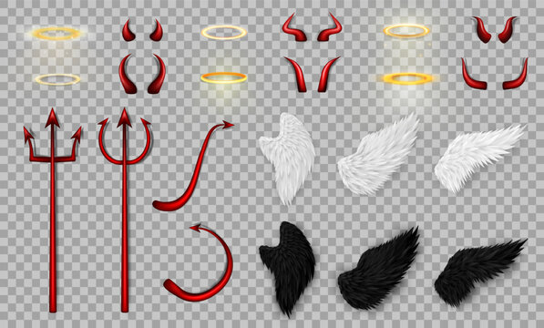 Big collection of 3d realistic angel and devil costume elements - red bloody trident, glossy horns and tails different shape, golden nimbus (halo) and various angelic white and devil black wings