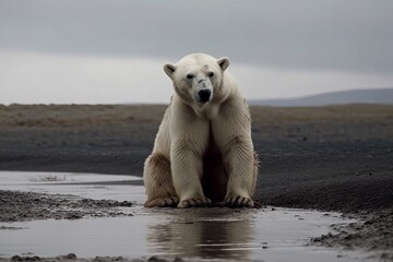 A sad polar bear on small iceberg. Climate Change and Environment Issue. Climate Crisis, global warming Generative AI Technology
