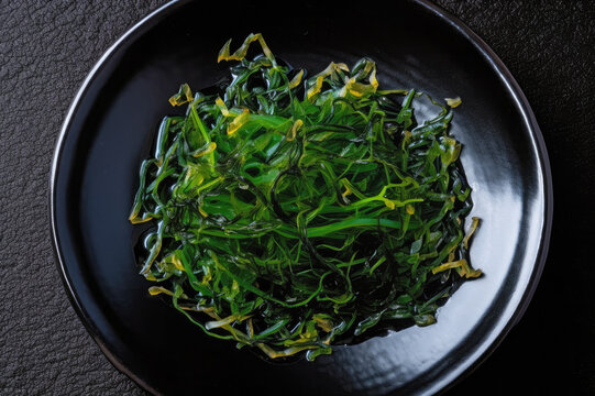 Seaweed salad on a plate, view from above. Generative AI