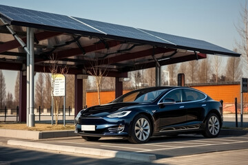 Fototapeta na wymiar Modern car at standalone electric vehicle charging station. Generative AI Technology.