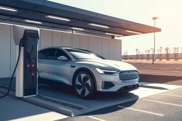 Modern car at standalone electric vehicle charging station. Generative AI Technology.