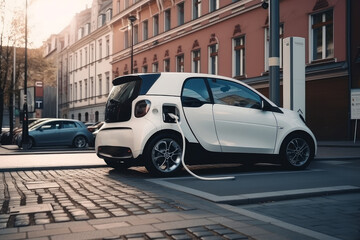 Modern car at standalone electric vehicle charging station. Generative AI Technology.