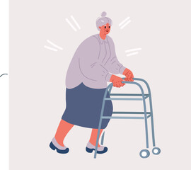 Vector illustration of woman with walker. Disabled people with walking frame.