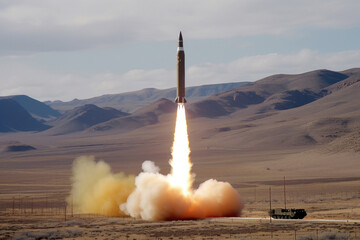 Intercontinental ballistic Missile launch, war, ICBM missile. Generative AI Technology