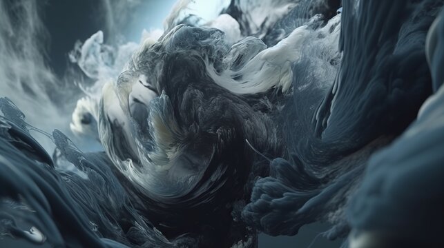 Gray ink vortex in water. Paint clouds in water. Dye swirls. Generative AI