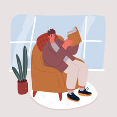 Vector illustration of Person reading book, sitting in armchair by window in living room. Man in chair at home with literature. Businessman reader.