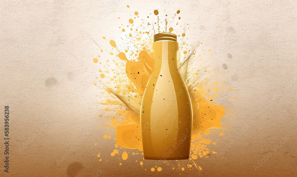 Poster a yellow bottle with a splash of paint on the side. generative ai