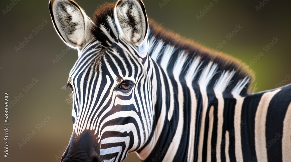Poster a close up of a zebra's head with a blurry background. generative ai