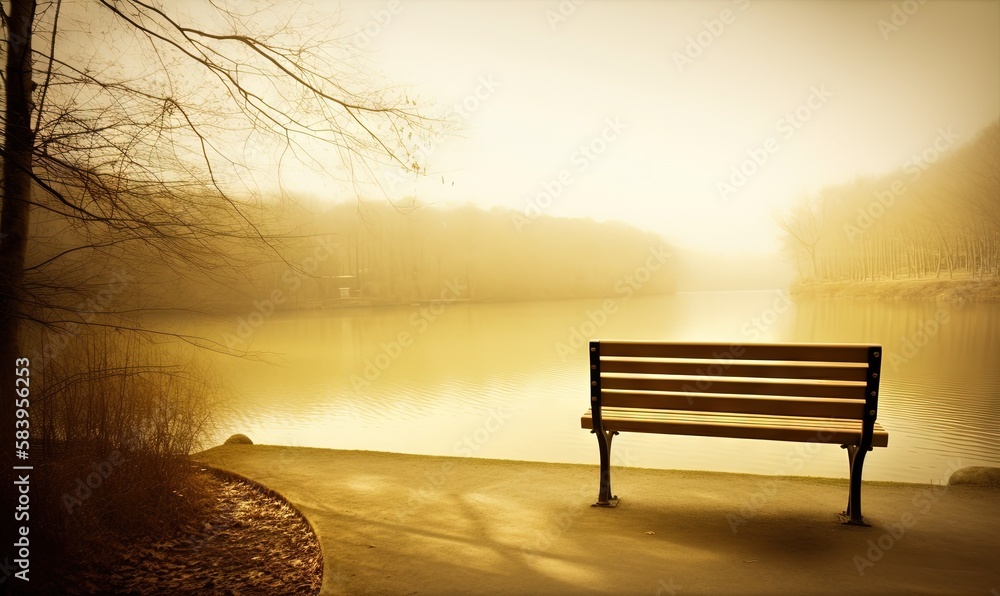 Poster a bench sitting on the side of a lake next to a tree. generative ai