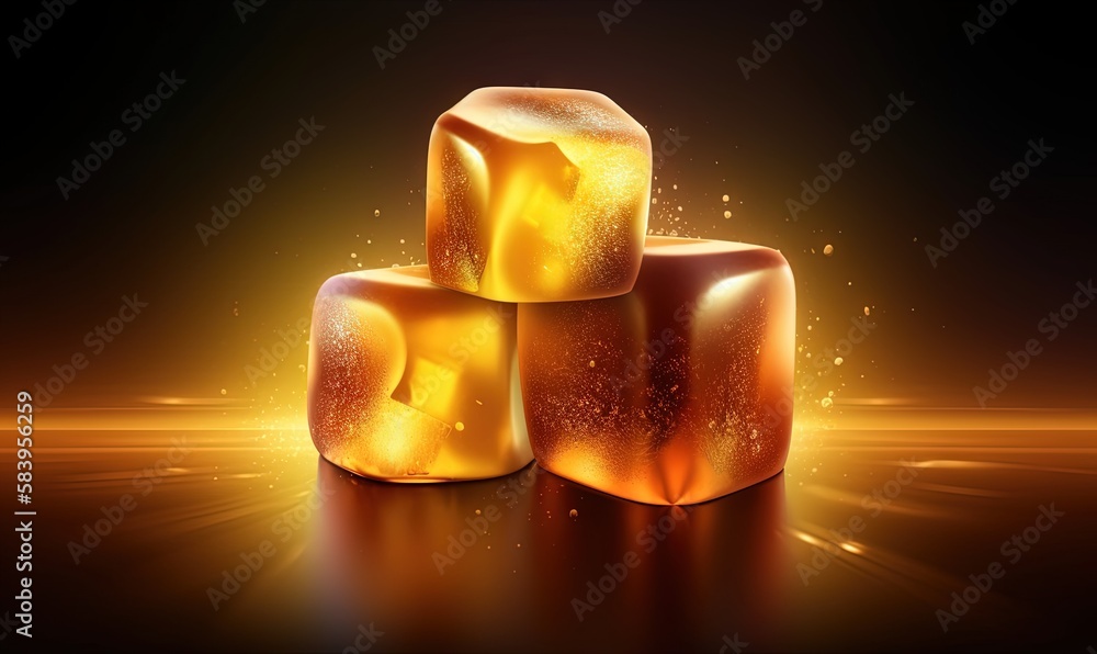Poster three shiny ice cubes on a shiny surface with a bright glow. generative ai