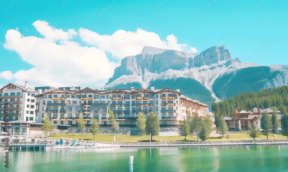 Poster a large building sitting on the side of a lake next to a mountain. generative ai