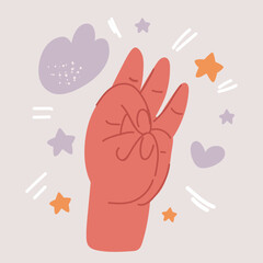 Vector illustration of Hands holding gestures. Hand Showing heart, ok, like, pointing finger and waving palm. Trendy hands poses vector set. Body language signs and symbols for communication