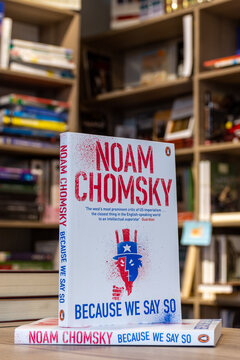 Close up Noam Chomsky's Because We Say So book in the bookshop.