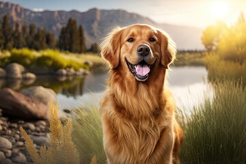 Fototapeta premium Golden retriever dog happiness and smile. Adorable pet.Generative ai