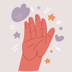 Vector illustration of Open outstretched hand, showing five fingers, extended in greeting.