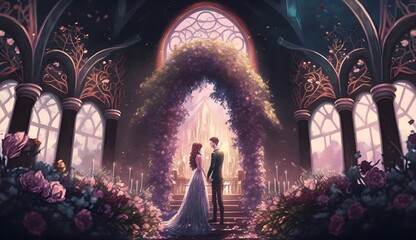 Metaverse wedding with man and woman avatar with beautiful pink flowers and lighting guests in attendance 