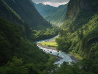 Fototapeta na wymiar a flowing river in a lush green valley