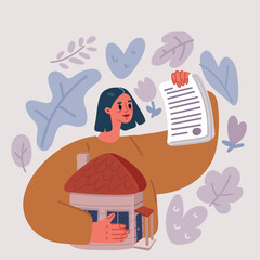 Vector illustration of Happy Young Woman Bought New House, Real Estate.